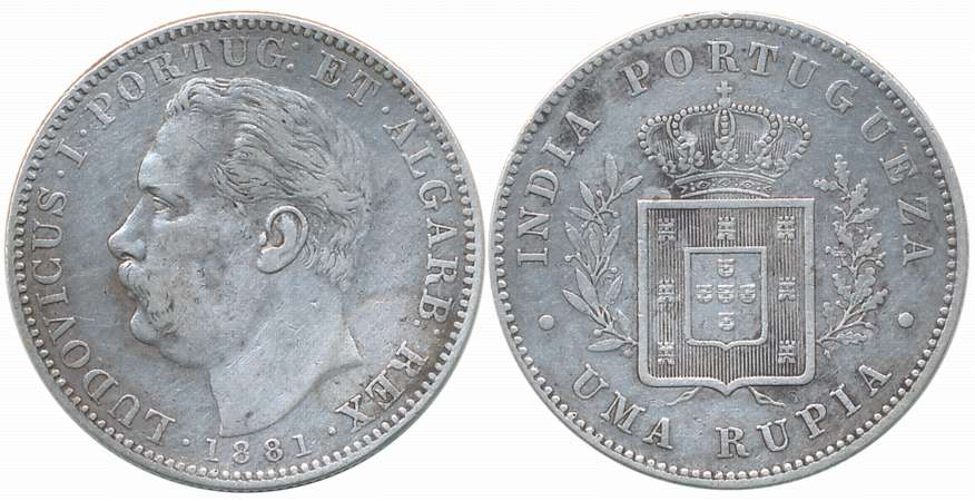Luiz I, Silver Rupee, 1881, Obv: Head to left, Rev: Crowned arms within sprays (KM# 312, G