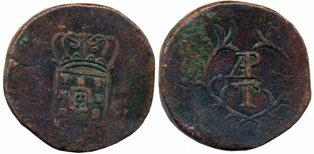 Miguel, Copper Tanga- 60 Reis, 41.29g, Obv: Crowned Arms, Rev: AP above T within sprays (K