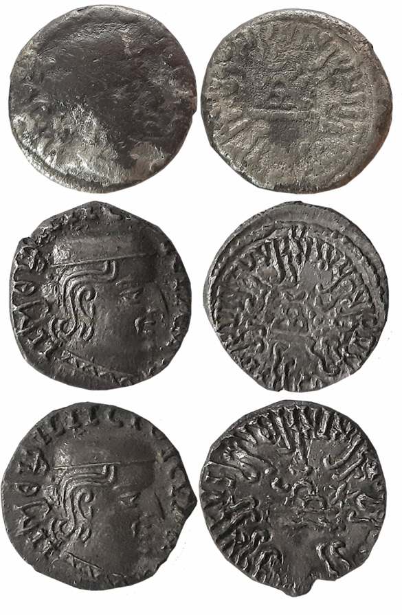 Rudrasena I, son of Rudrasimha I, as MahaKshatrapa, Silver Drachmas (3), SE126, Obv: Bust 