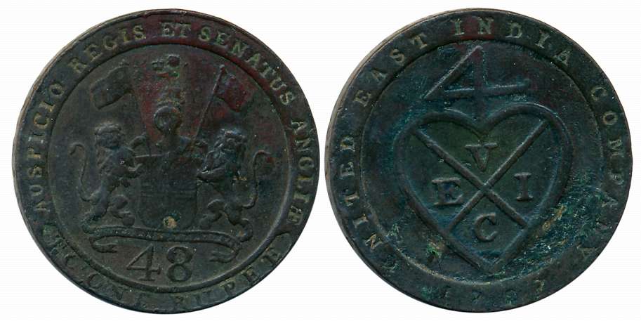 Copper Dub-1/48 Rupee, 13.57g, Soho Mint, 1797 CE, Obv: Coat of Arms, Rev: Balemark, (KM# 