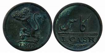 Copper 1 Cash, 0.68g, Soho Mint, 1803 CE, Obv: Crest of Lion to left, date below, Rev: Val