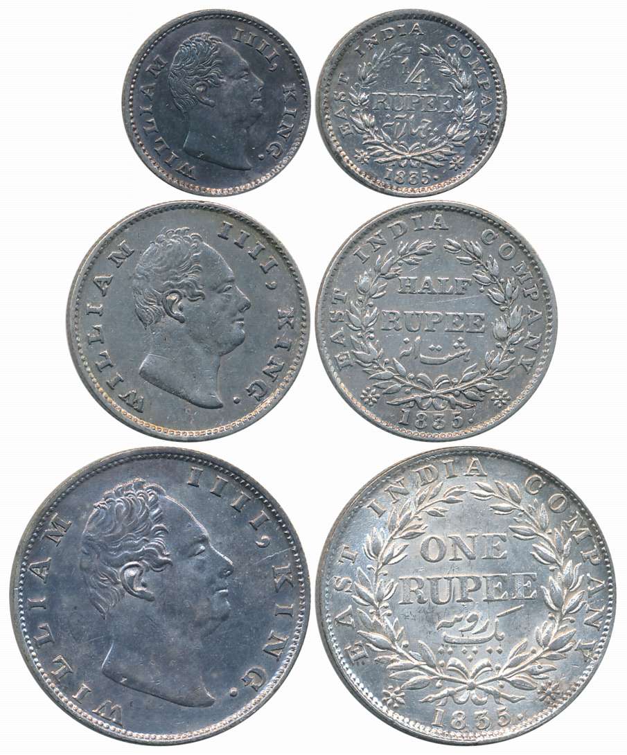 King William IIII, 1835, Silver (3), 1/2 Rupee, Rupee, 1/4 Rupee. Very fine to about uncir