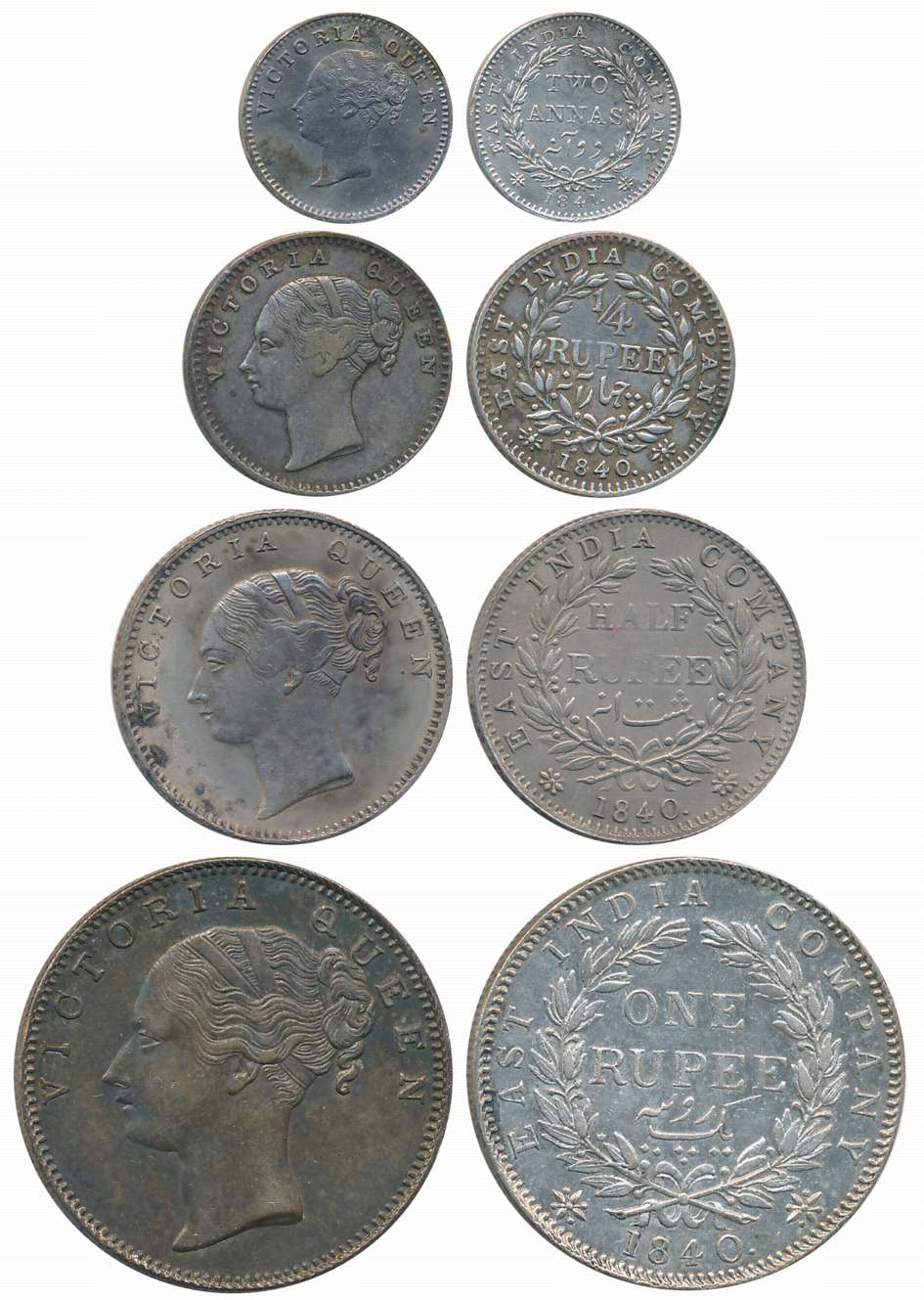 Victoria Queen, 1840, Continuous legend, Silver Complete Set of 4 coins, Rupee, 1/2 Rupee,
