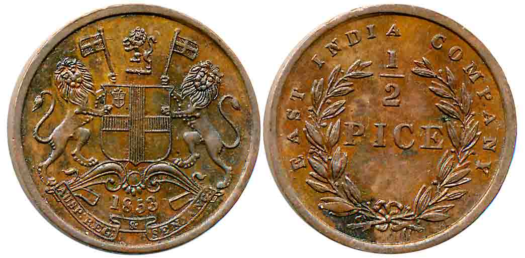 1853, Copper 1/2 Pice. Extremely fine