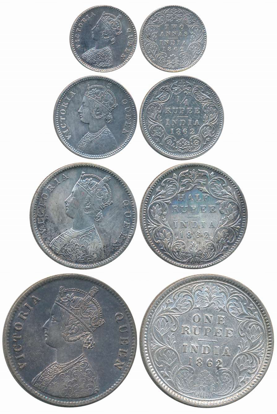 Victoria Queen, 1862, Silver Complete Set of 4 coins, Rupee, 1/2 Rupee, 1/4 Rupee, 2 Anna.
