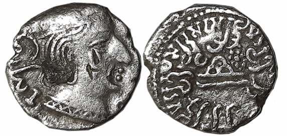 Rudrasena I, son of Rudrasimha I as MahaKshatrapa, Silver Drachma, 1.80g, SE137, Obv: Bust