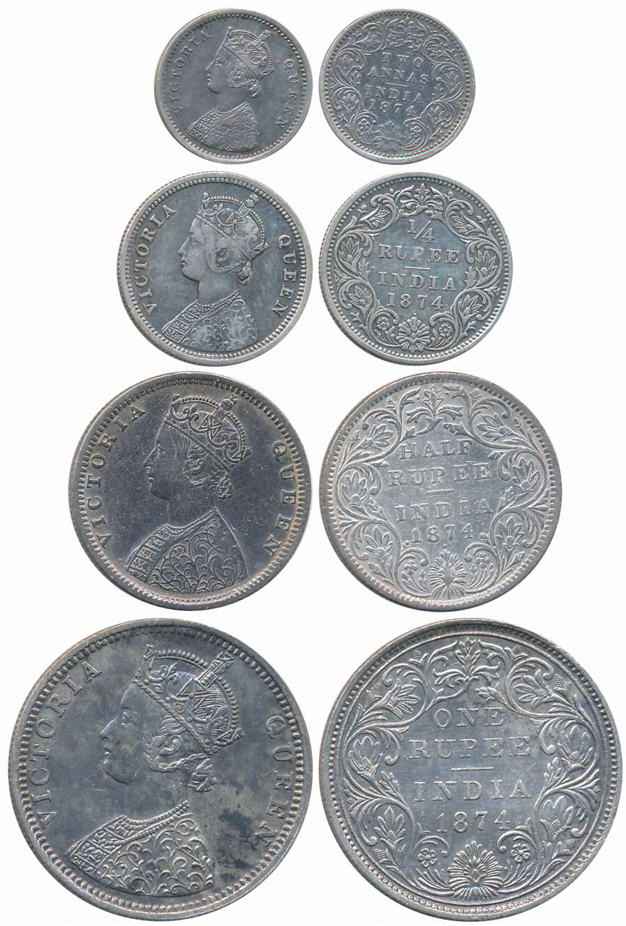 Victoria Queen, 1874, Silver Complete Set of 4 coins, Rupee, 1/2 Rupee, 1/4 Rupee, 2 Anna.