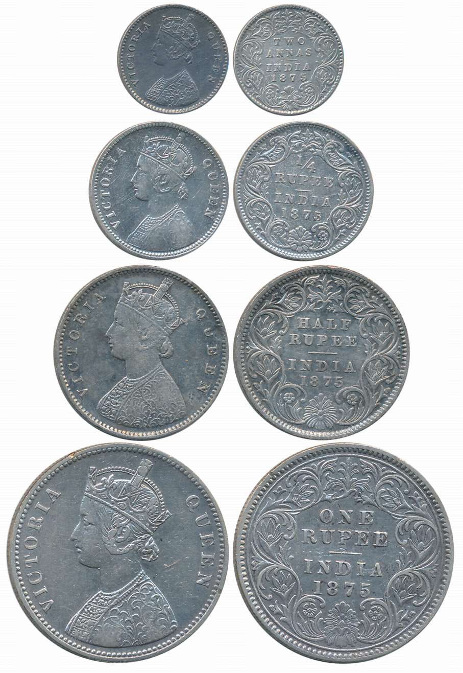 Victoria Queen, 1875, Silver Complete Set of 4 coins, Rupee, 1/2 Rupee, 1/4 Rupee, 2 Anna.