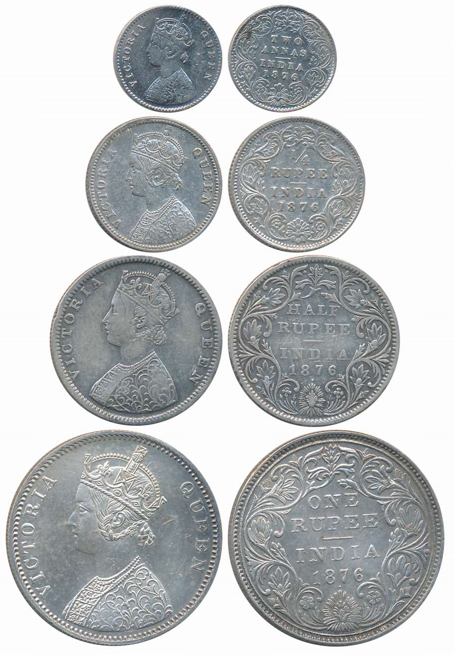 Victoria Queen, 1876, Silver Complete Set of 4 coins, Rupee, 1/2 Rupee, 1/4 Rupee, 2 Anna.