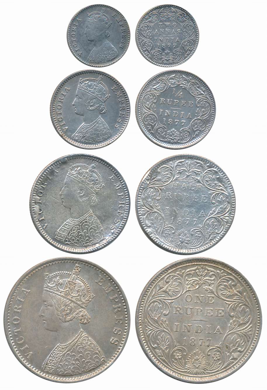 Victoria Empress, 1877, Silver Complete Set of 4 coins, Rupee, 1/2 Rupee (loop removed), 1