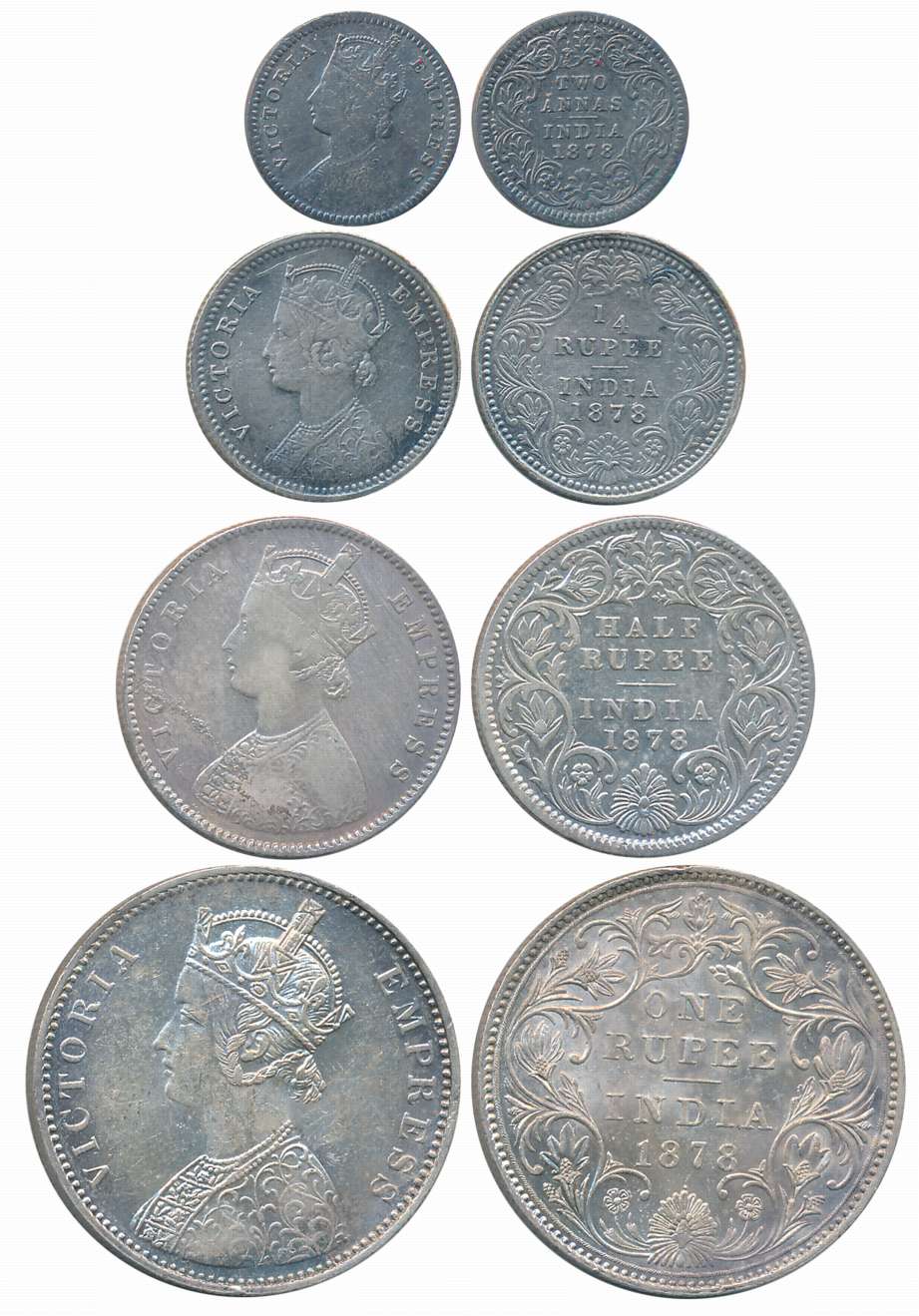 Victoria Empress, 1878, Silver Complete Set of 4 coins, Rupee, 1/2 Rupee, 1/4 Rupee, 2 Ann