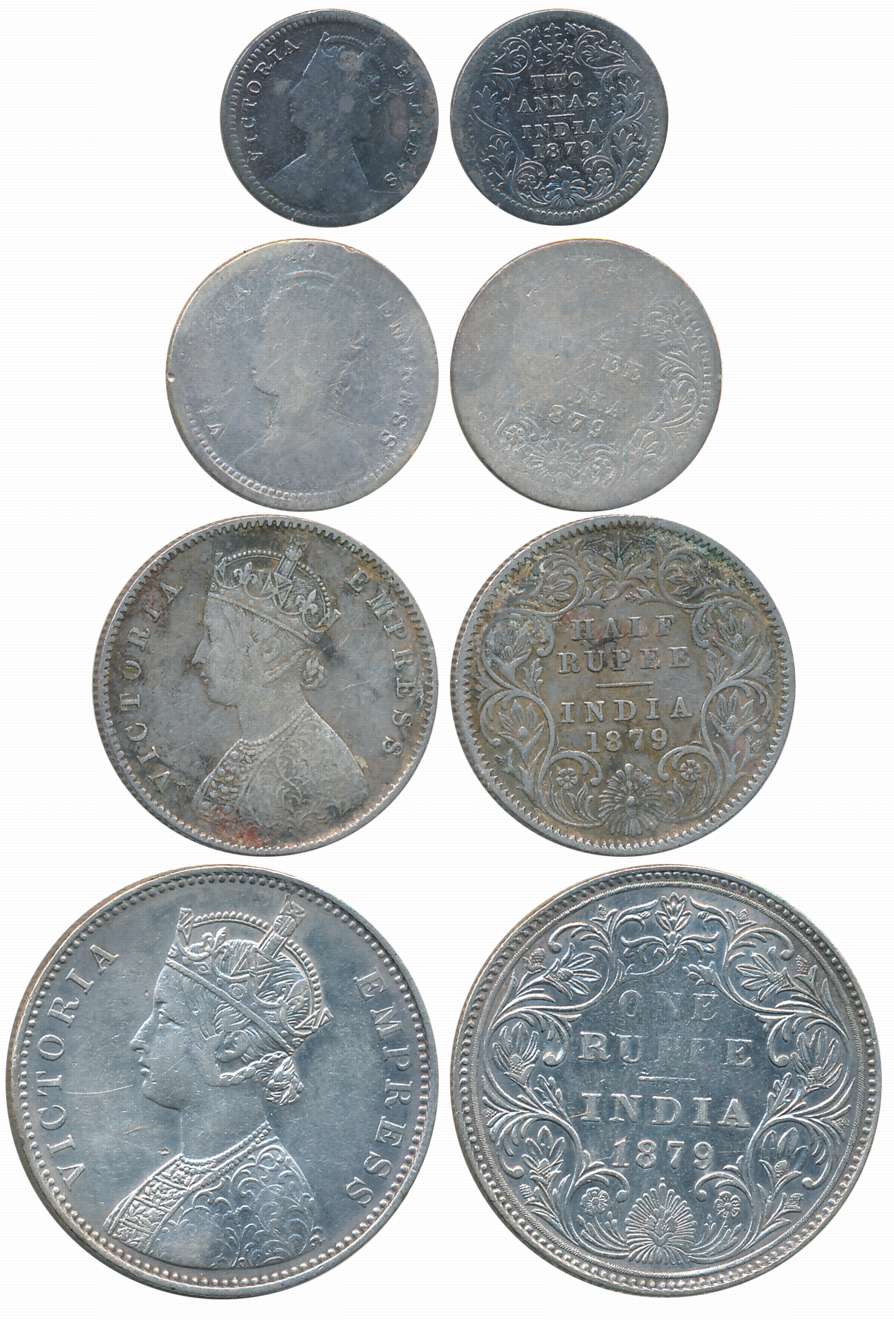 Victoria Empress, 1879, Silver Complete Set of 4 coins, Rupee, 1/2 Rupee, 1/4 Rupee, 2 Ann