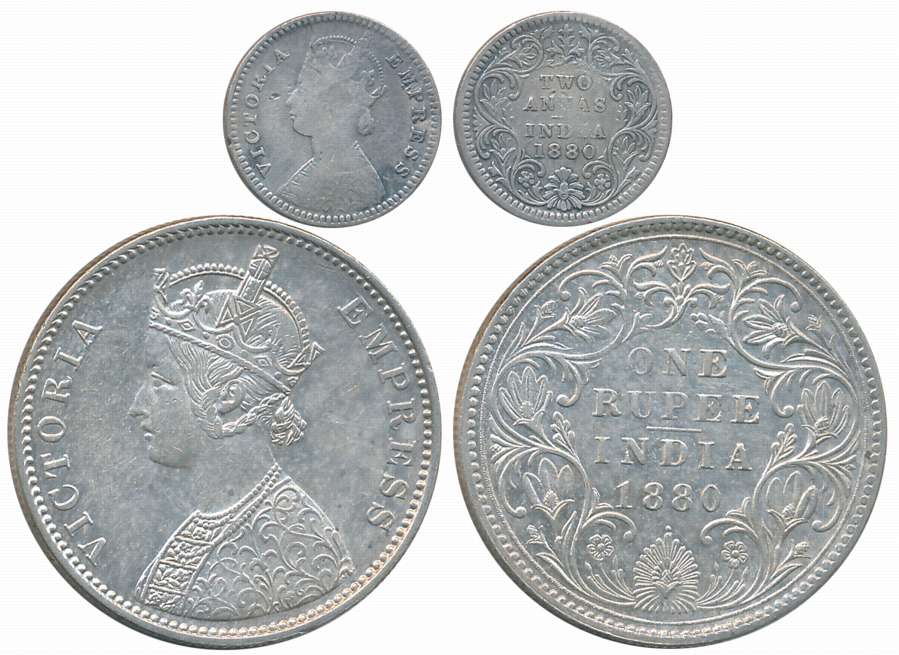 Victoria Empress, 1880, Silver (2), Rupee, 2 Anna. Fine to very fine+. 2 coins.
