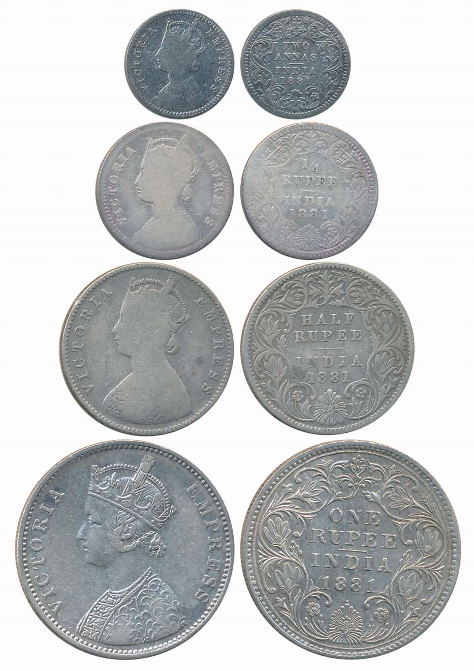 Victoria Empress, 1881, Silver Complete Set of 4 coins, Rupee, 1/2 Rupee, 1/4 Rupee, 2 Ann