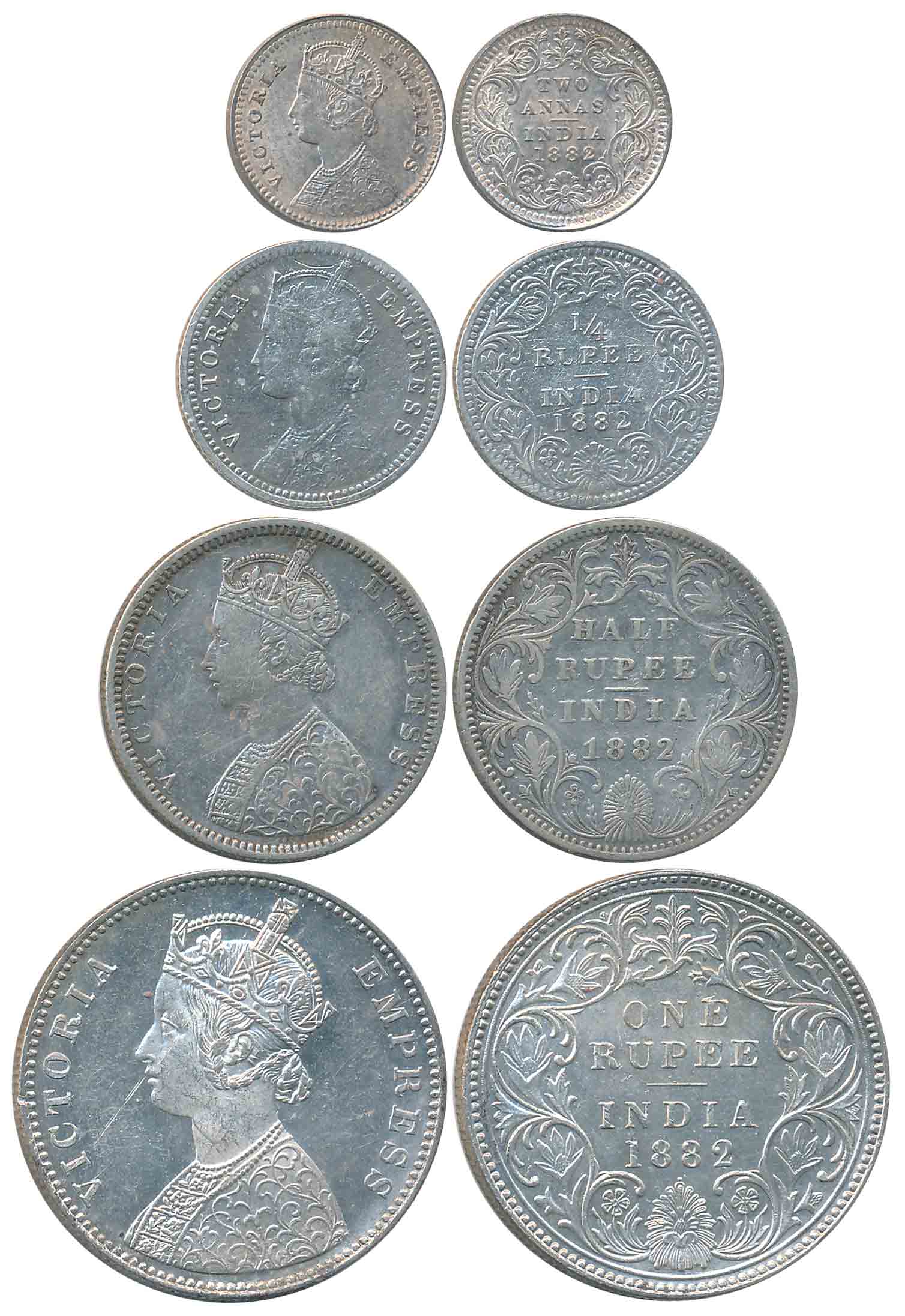 Victoria Empress, 1882, Silver Complete Set of 4 coins, Rupee, 1/2 Rupee, 1/4 Rupee, 2 Ann