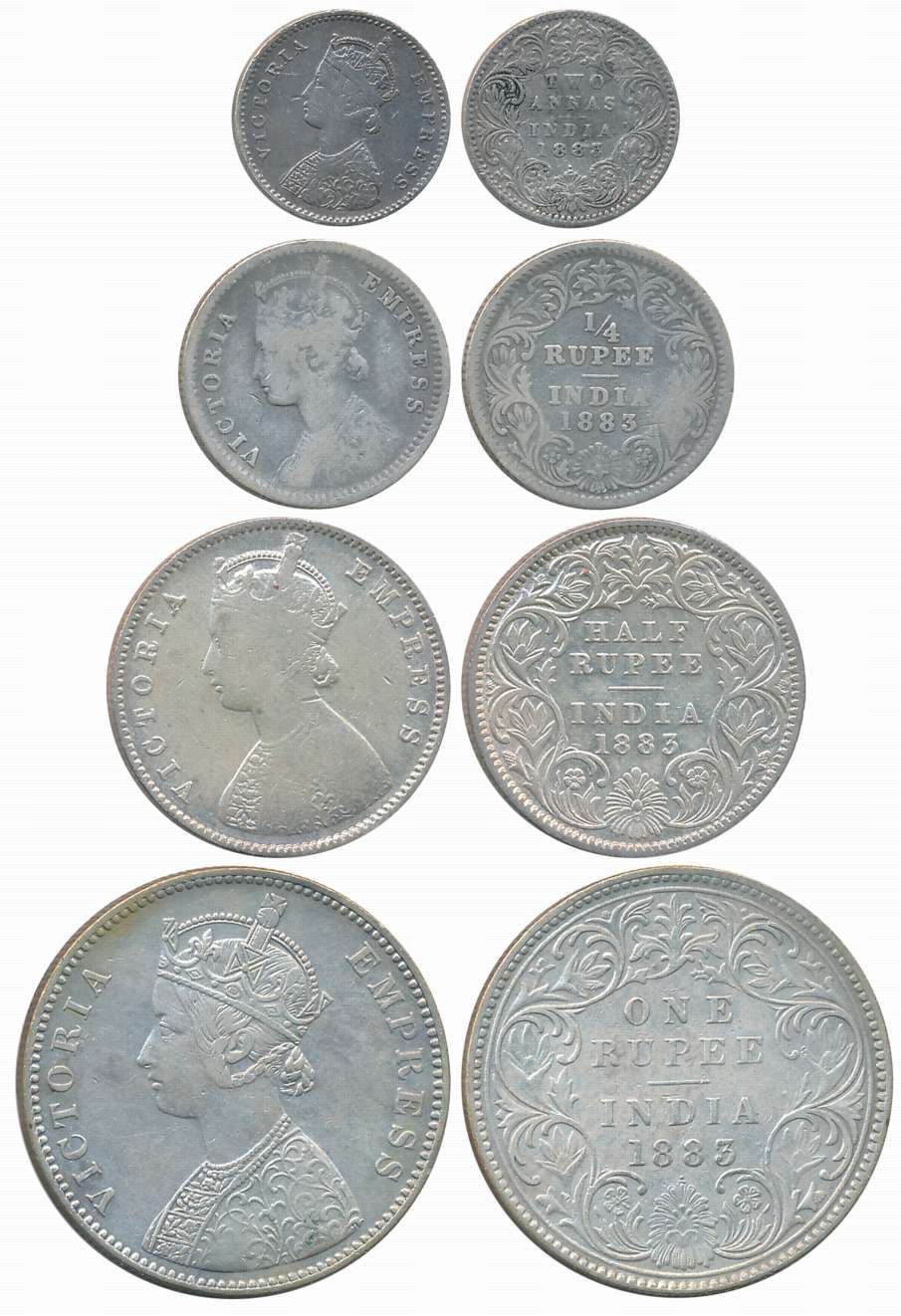 Victoria Empress, 1883, Silver Complete Set of 4 coins, Rupee, 1/2 Rupee, 1/4 Rupee, 2 Ann