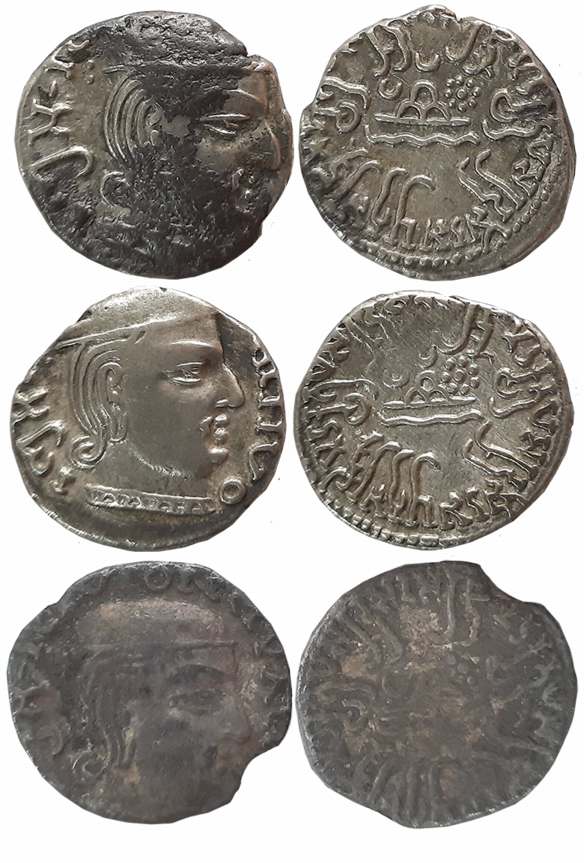 Rudrasena I, son of Rudrasimha I, as MahaKshatrapa, Silver Drachmas (3), SE141, Obv: Bust 