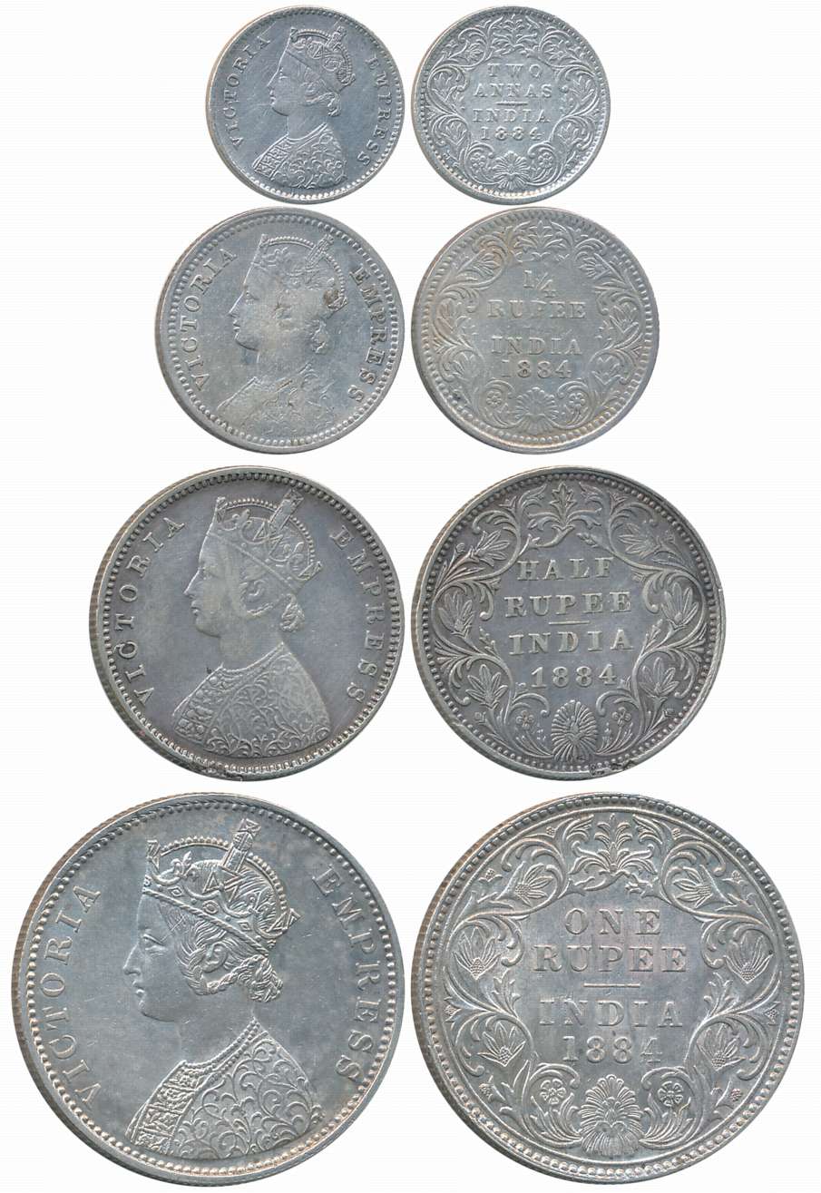 Victoria Empress, 1884, Silver Complete Set of 4 coins, Rupee, 1/2 Rupee, 1/4 Rupee, 2 Ann