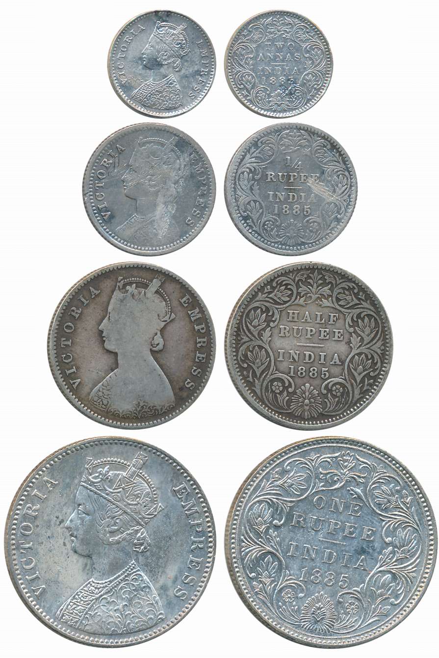 Victoria Empress, 1885, Silver Complete Set of 4 coins, Rupee, 1/2 Rupee, 1/4 Rupee (scrat