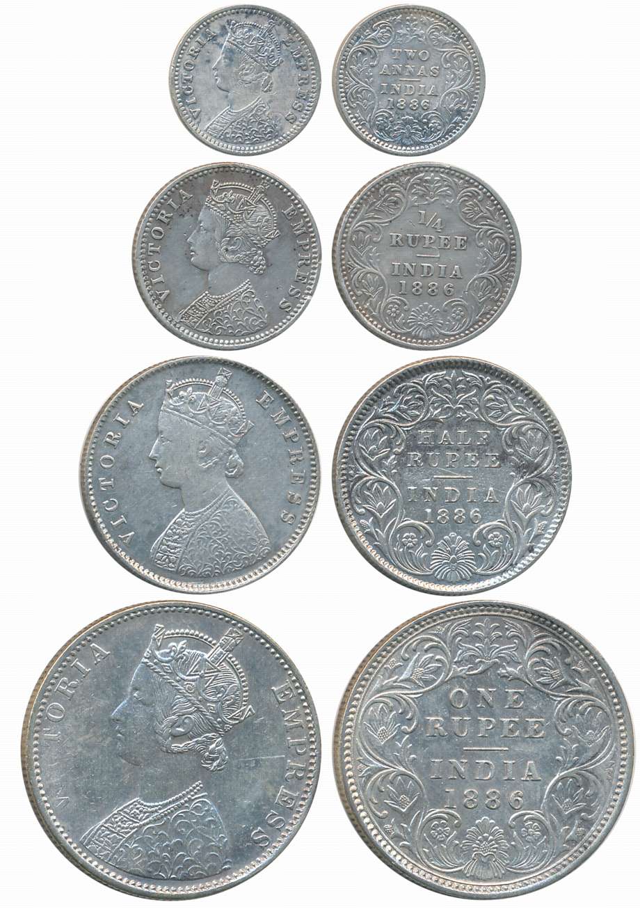 Victoria Empress, 1886, Silver Complete Set of 4 coins, Rupee, 1/2 Rupee, 1/4 Rupee, 2 Ann