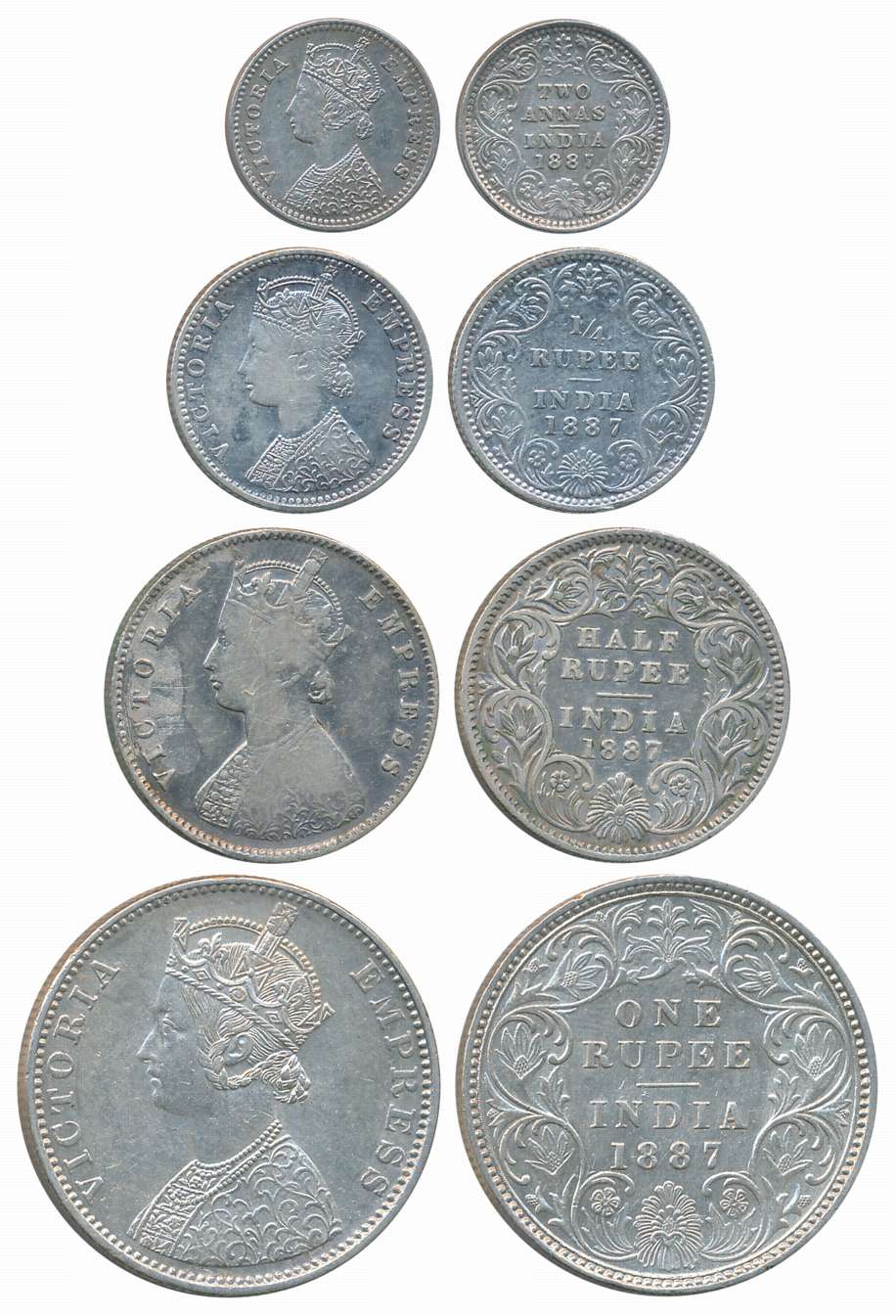 Victoria Empress, 1887, Silver Complete Set of 4 coins, Rupee, 1/2 Rupee, 1/4 Rupee, 2 Ann
