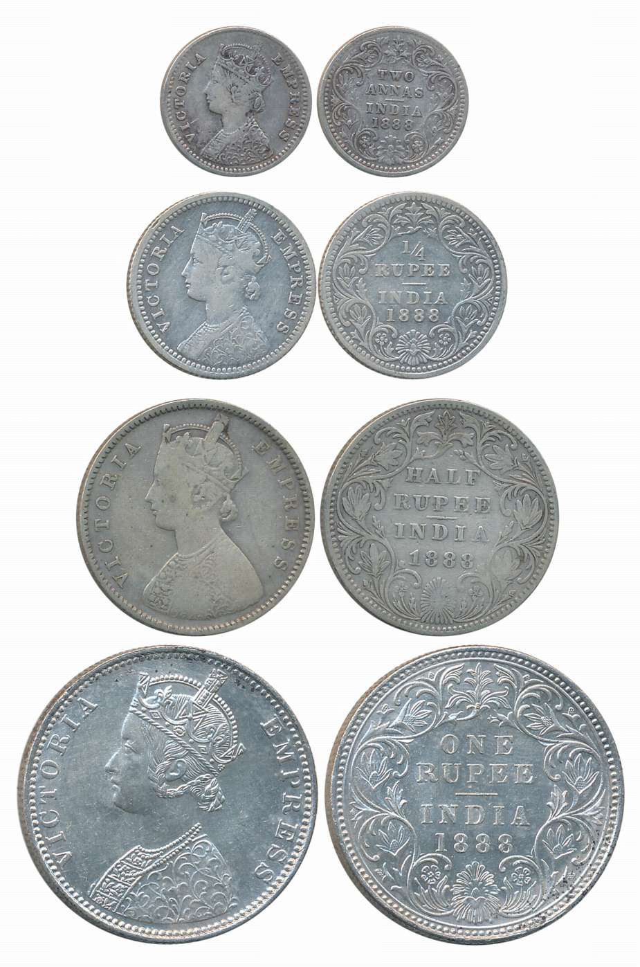 Victoria Empress, 1888, Silver Complete Set of 4 coins, Rupee, 1/2 Rupee, 1/4 Rupee, 2 Ann