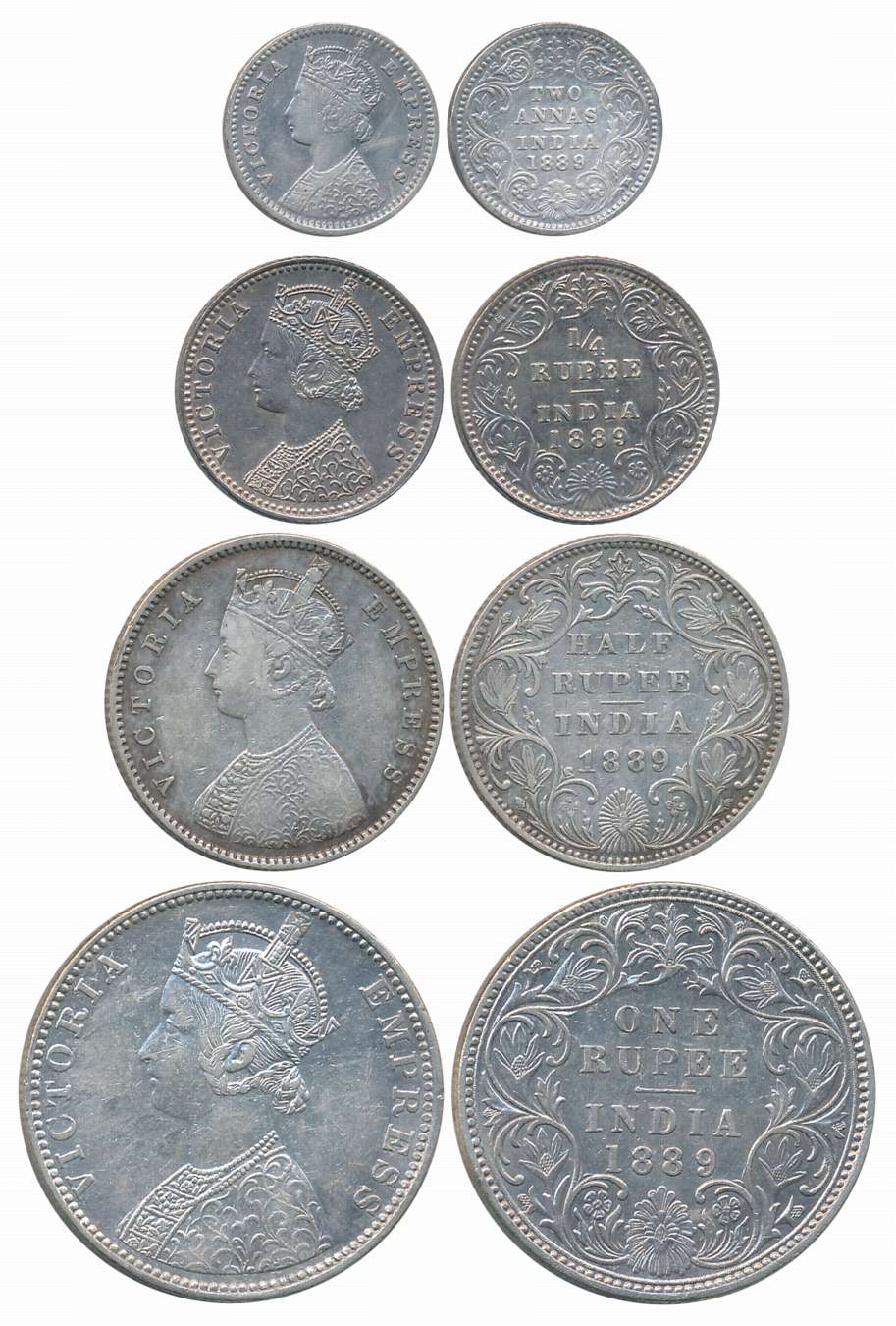 Victoria Empress, 1889, Silver Complete Set of 4 coins, Rupee, 1/2 Rupee, 1/4 Rupee, 2 Ann