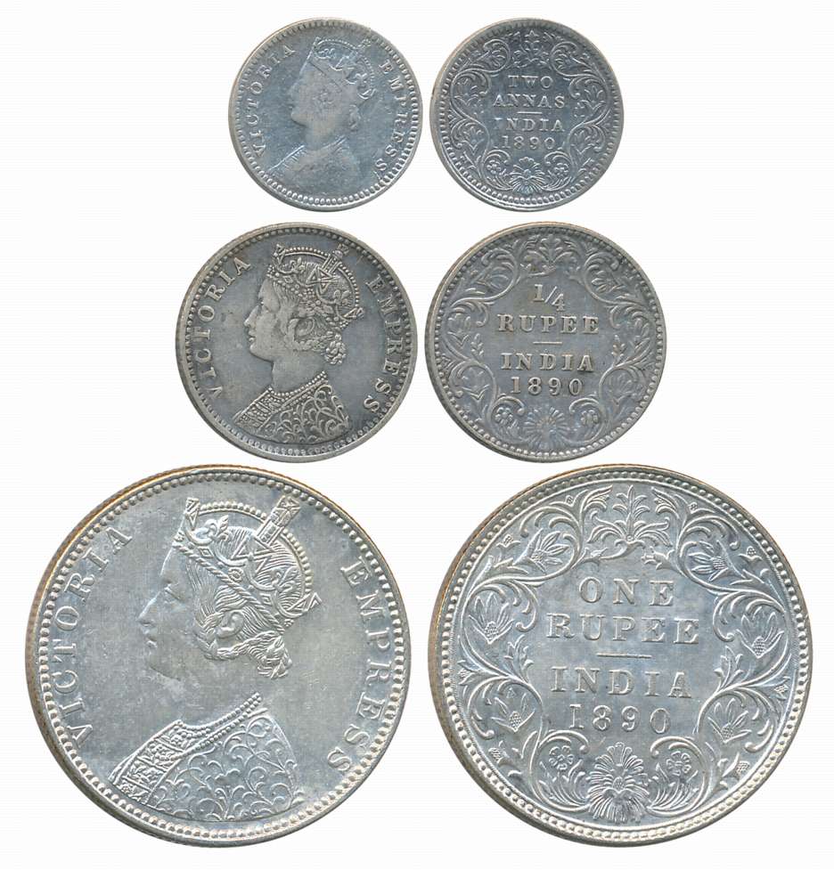 Victoria Empress, 1890, Silver Complete Set of 3 coins, Rupee, 1/4 Rupee, 2 Anna. Fine+ to