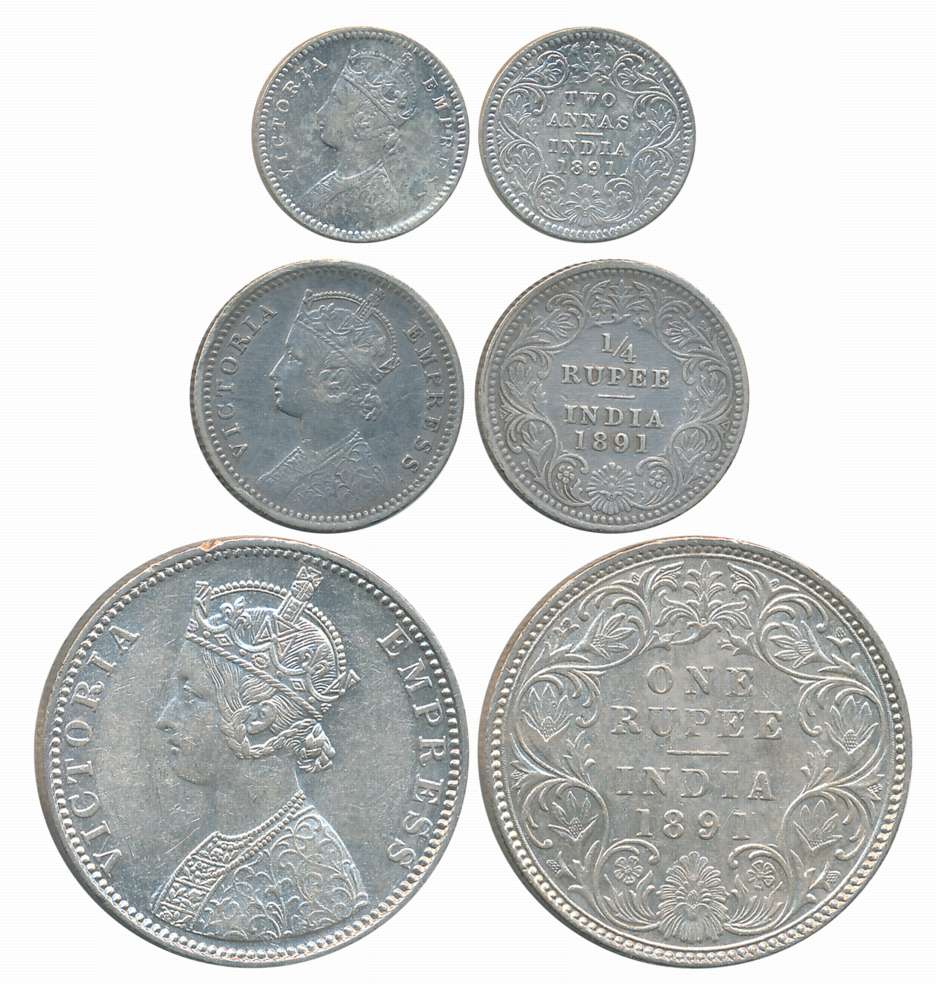 Victoria Empress, 1891, Silver Complete Set of 3 coins, Rupee, 1/4 Rupee, 2 Anna. Fine+ to