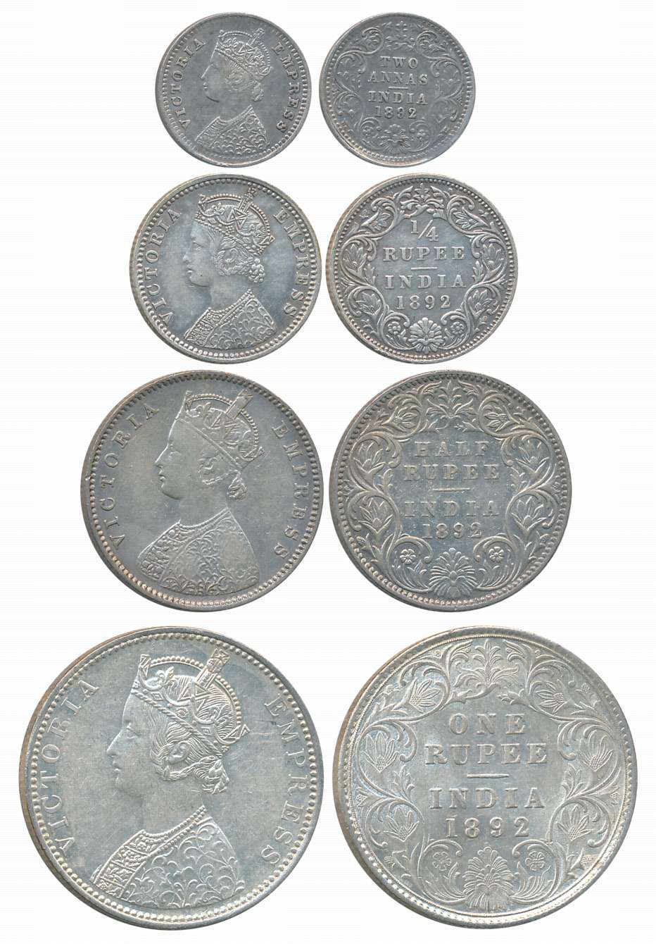 Victoria Empress, 1892, Silver Complete Set of 4 coins, Rupee, 1/2 Rupee, 1/4 Rupee, 2 Ann