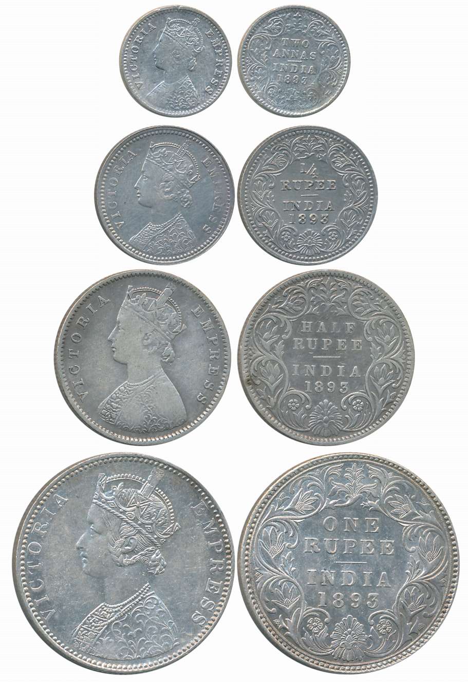 Victoria Empress, 1893, Silver Complete Set of 4 coins, Rupee, 1/2 Rupee, 1/4 Rupee, 2 Ann