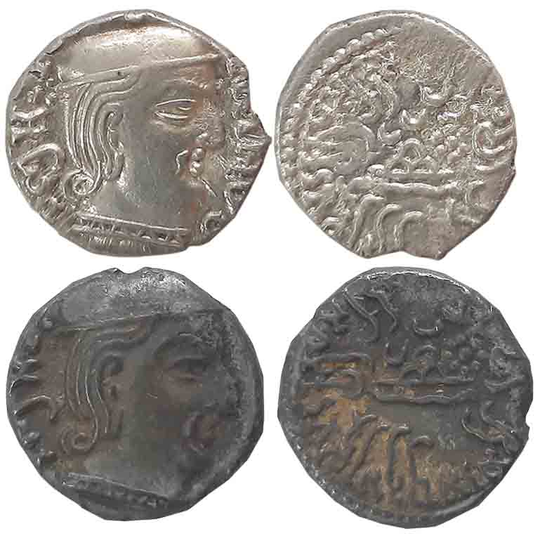Rudrasena I, son of Rudrasimha I, as MahaKshatrapa, Silver Drachmas (2), SE142 Obv: Bust o