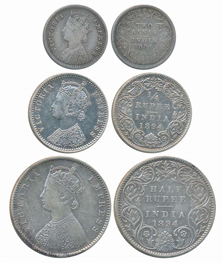 Victoria Empress, 1894, Silver Complete Set of 3 coins, 1/2 Rupee, 1/4 Rupee, 2 Anna. Abou