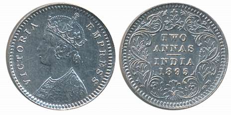 Victoria Empress, 1895, Silver 2 Anna. Only issue. Very fine.