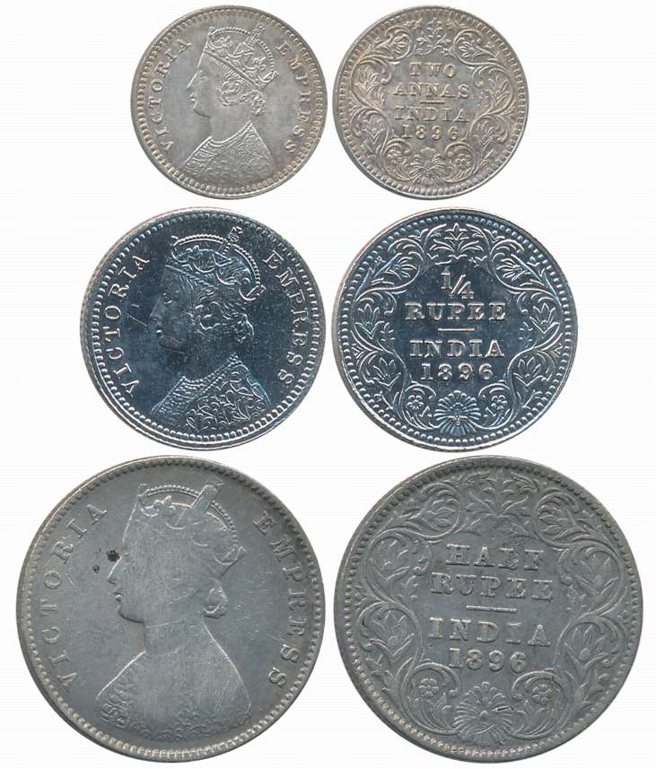 Victoria Empress, 1896, Silver Complete Set of 3 coins, 1/2 Rupee, 1/4 Rupee, 2 Anna. Abou