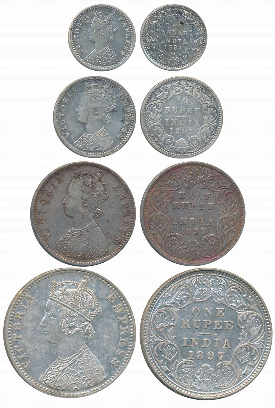 Victoria Empress, 1897, Silver Set of 4 coins, Rupee, 1/2 Rupee, 1/4 Rupee, 2 Anna. About 