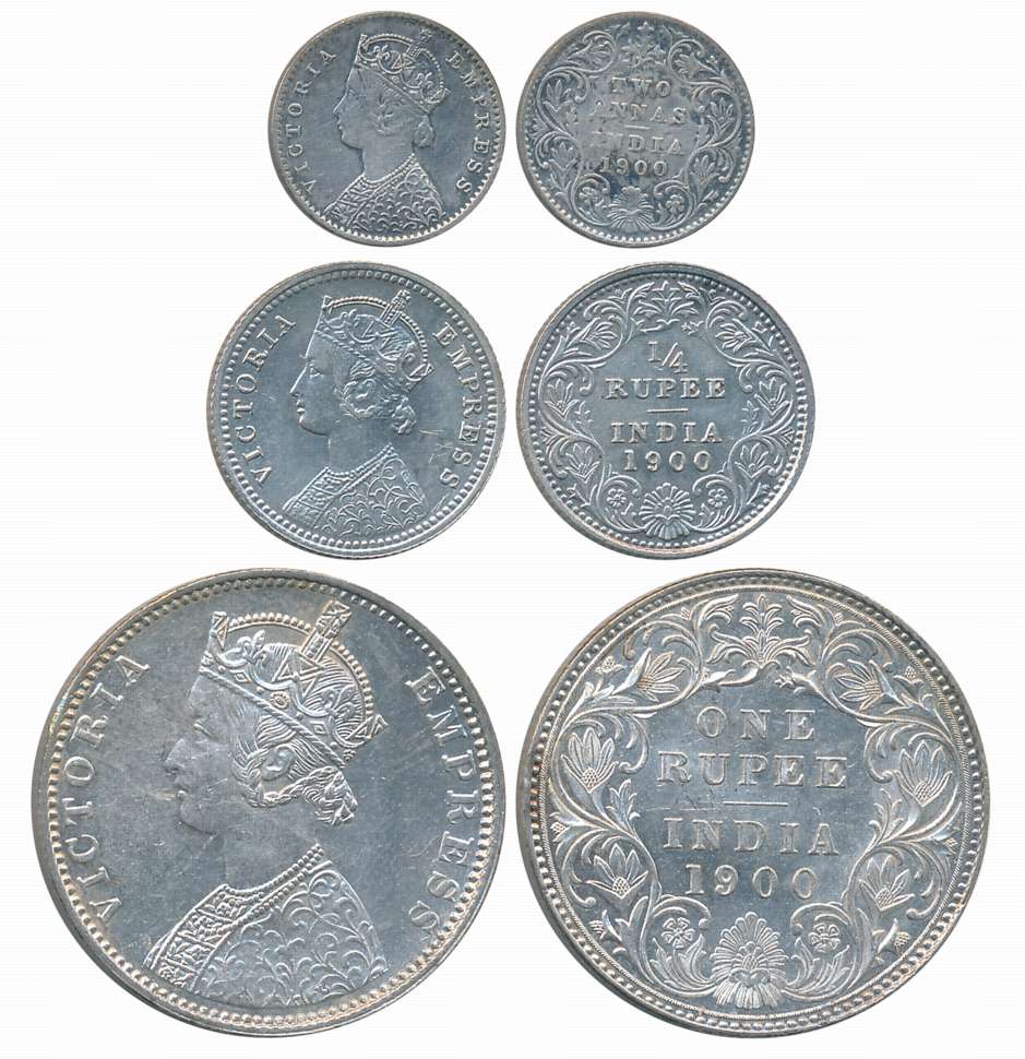 Victoria Empress, 1900, Silver, Complete Set of 3 coins, Rupee, 1/4 Rupee, 2 Anna. Very fi