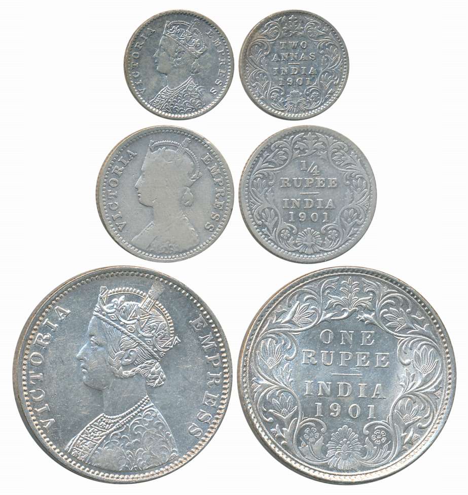 Victoria Empress, 1901, Silver, Complete Set of 3 coins, Rupee, 1/4 Rupee, 2 Anna. Fine to