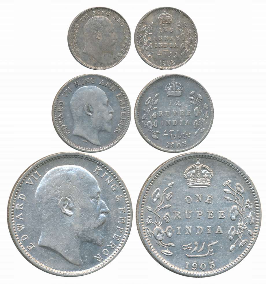 King Edward VII, 1903, Silver Complete Set of 3 coins, Rupee, 1/4 Rupee, 2 Anna. Very fine