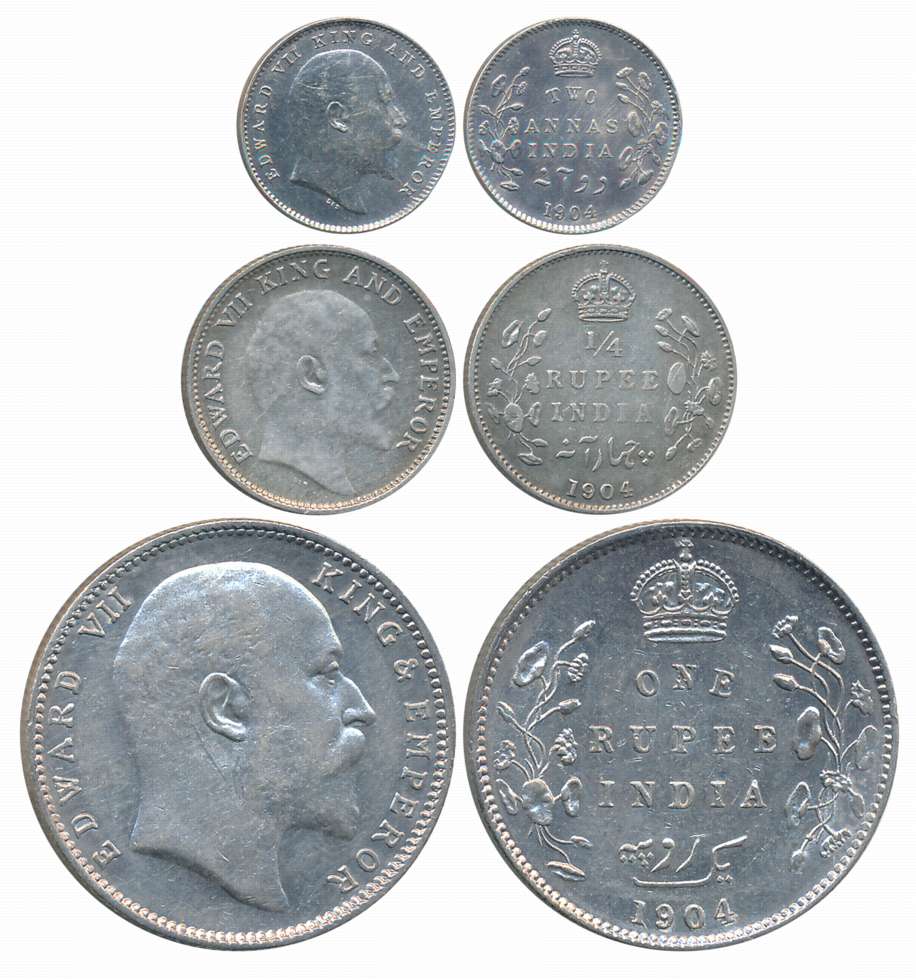 King Edward VII, 1904, Silver Complete Set of 3 coins, Rupee, 1/4 Rupee, 2 Anna. Very fine