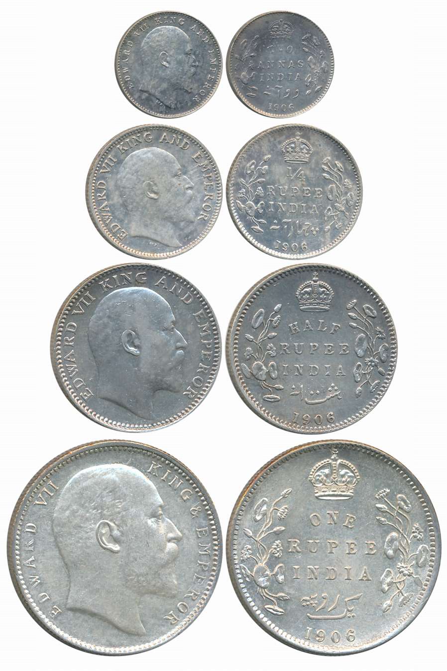 King Edward VII, 1906, Silver Set of 4 coins, Rupee, 1/2 Rupee, 1/4 Rupee, 2 Anna. About e