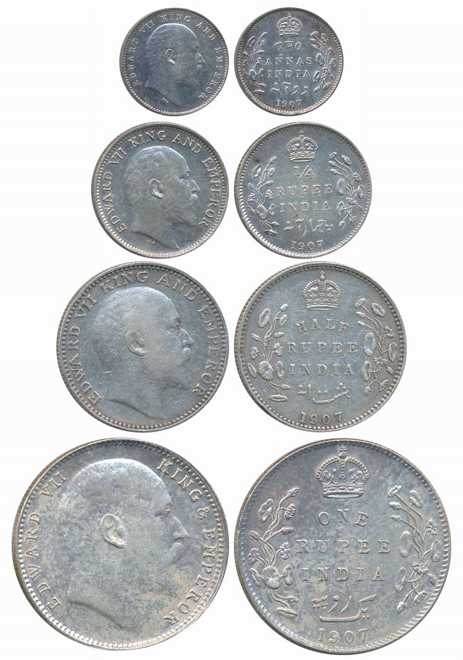King Edward VII, 1907, Silver Set of 4 coins, Rupee, 1/2 Rupee, 1/4 Rupee, 2 Anna. About e