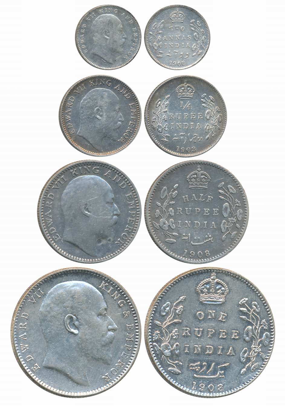 King Edward VII, 1908, Silver Set of 4 coins, Rupee, 1/2 Rupee, 1/4 Rupee, 2 Anna. Very fi