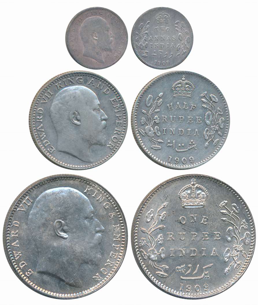 King Edward VII, 1909, Silver Complete Set of 3 coins, Rupee, 1/2 Rupee, 2 Anna. Very fine