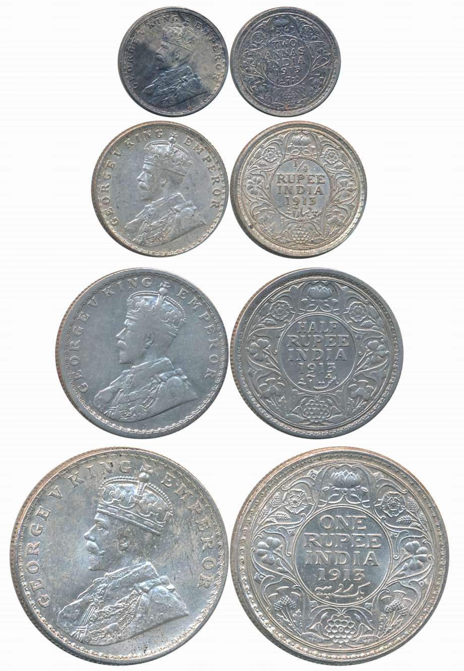 King George V, 1913, Silver Set of 4 coins, Rupee, 1/2 Rupee, 1/4 Rupee, 2 Anna. About ver