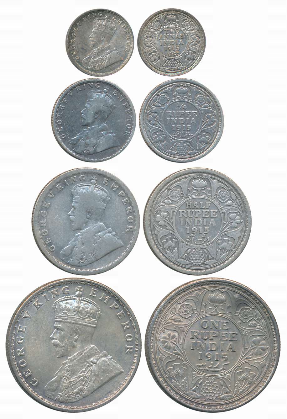 King George V, 1915, Silver Set of 4 coins, Rupee, 1/2 Rupee, 1/4 Rupee, 2 Anna. About ver