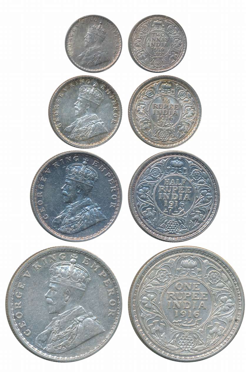 King George V, 1916, Silver Set of 4 coins, Rupee, 1/2 Rupee, 1/4 Rupee, 2 Anna. Very fine