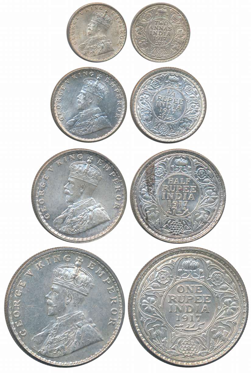 King George V, 1917, Silver Complete Set of 4 coins, Rupee, 1/2 Rupee, 1/4 Rupee, 2 Anna,.