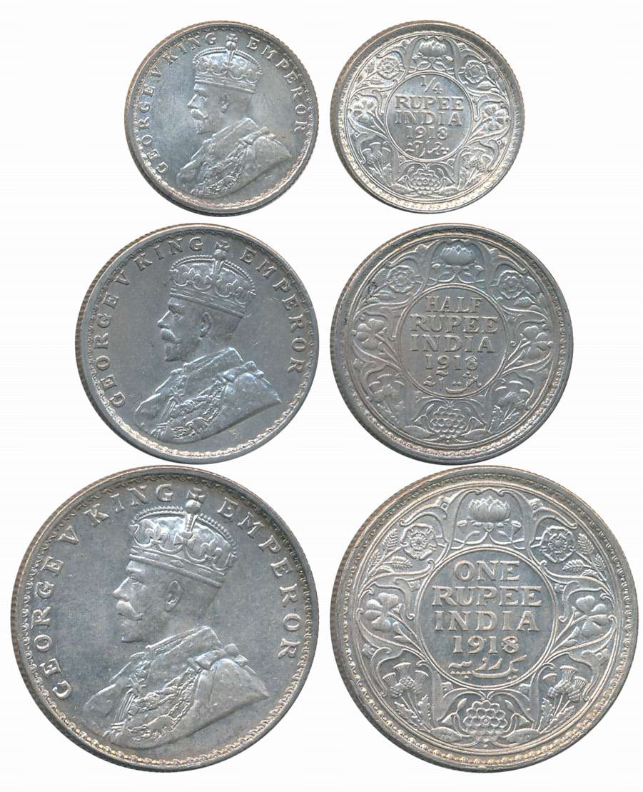 King George V, 1918, Silver Complete Set of 3 coins, Rupee, 1/2 Rupee, 1/4 Rupee. Very fin