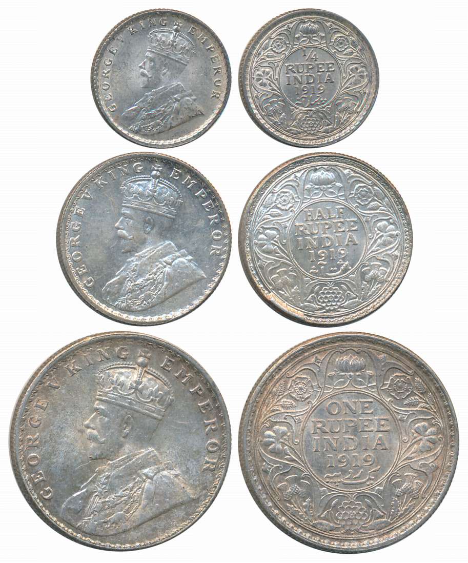 King George V, 1919, Silver Complete Set of 3 coins, 1 Rupee, 1/2 Rupee, 1/4 Rupee. About 